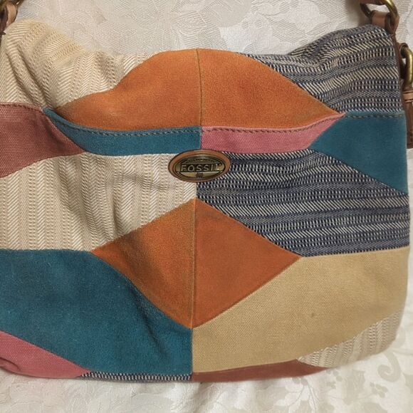 Fossil Patchwork Suede and Fabric Boho Festival Bag - Picture 2 of 11